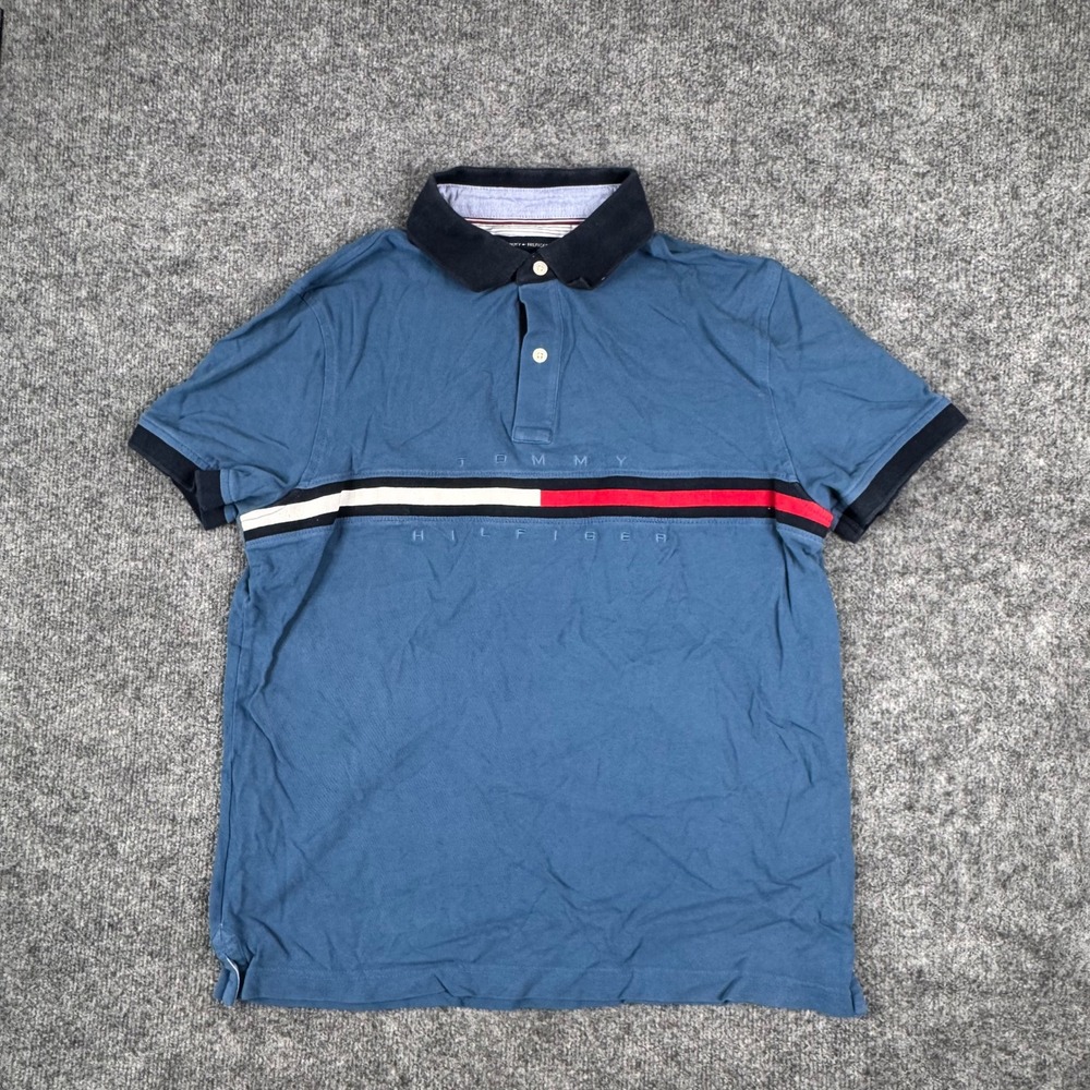 Tommy Hilfiger Polo Mens Size M Blue Custom Fit Chest Stripe Short Sleeve Cotton
